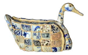 Vintage Chinese Faience Duck Sculpture with Blue Oriental Accents