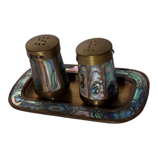 Vintage Mexican Abalone & Brass Salt and Pepper Set With Tray For Sale