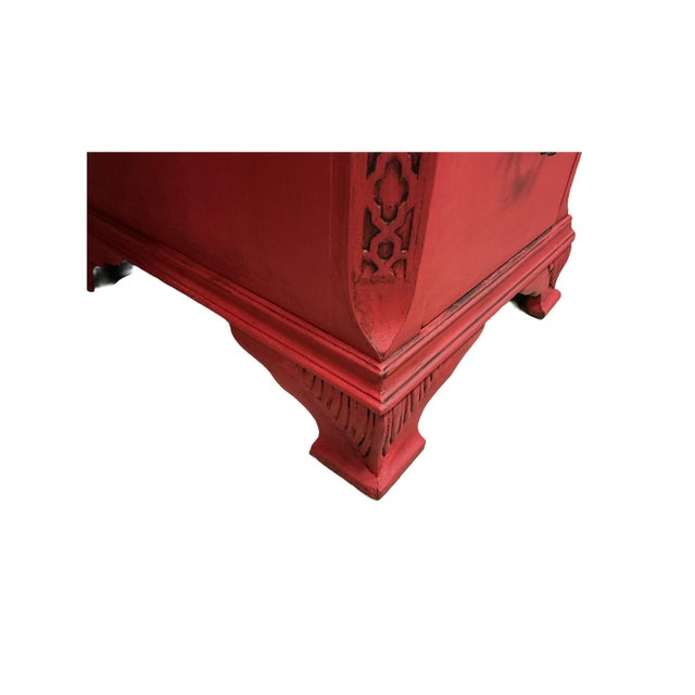 Asian Writing Desk Painted Red Brass Hardware Rope Turn Trim Glass Top 7 Drawers For Sale - Image 4 of 12