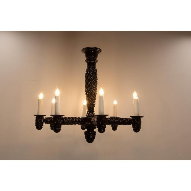 French Black Lacquered Wood Chandelier with Eight Lamps, 1940 For Sale - Image 6 of 13