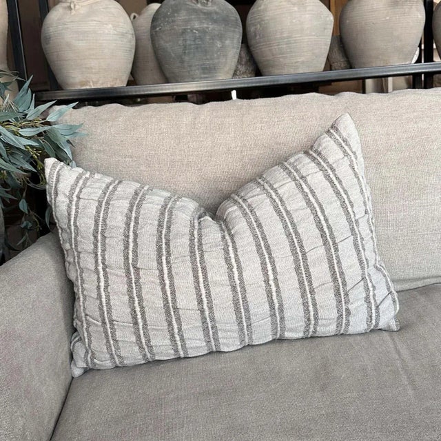 Mid-Century Modern Belgium Linen and Wool Pillow in Gray Stripe Lumbar With Insert For Sale - Image 3 of 7