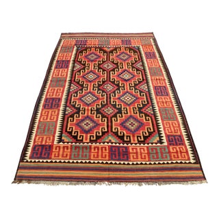 Maimana Kilim Area Rug, Handwoven Wool, 6x10, Brick & Ivory For Sale