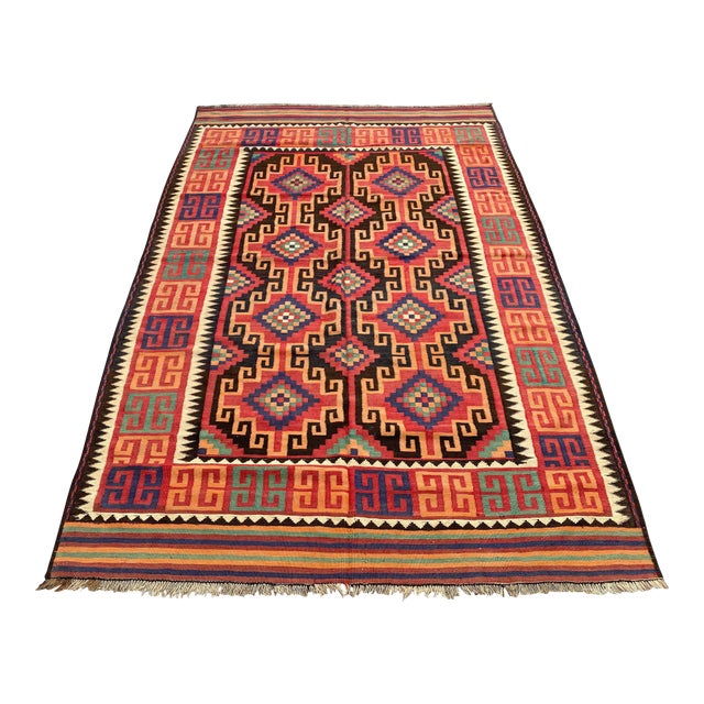 Maimana Kilim Area Rug, Handwoven Wool, 6x10, Brick & Ivory For Sale