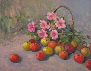 "Apples and Mallow Flowers" Original Impressionist Flower and Fruits Still Life Oil on Canvas Painting Art by Anna Novick