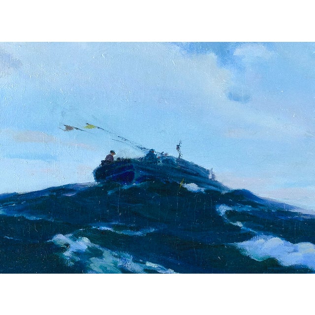 1940s Galen J. Perrett 1949 American Marine Oil Painting, “She Crossed Our Bow” Period Frame For Sale - Image 5 of 6