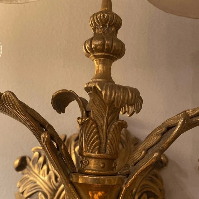 Metal Mid 19th Century Biedemeier Style Torchiere Two Light Brass Sconce With Shades For Sale - Image 7 of 11