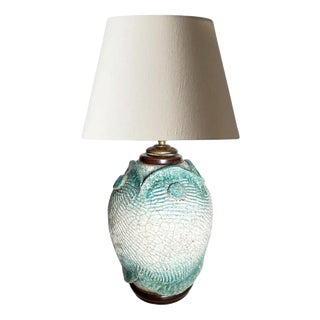 Raku Ceramic Table Lamp with Botanical Decoration, France, 1960s For Sale