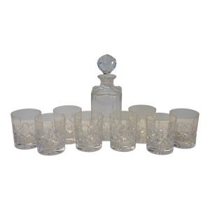 Mid 20th Century Atlantis Crystal Miguel Whiskey Bar Liquor Decanter & 8 Lowball Glasses Set