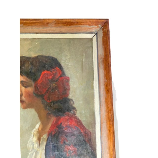 Antique Oil on Canvas Portrait Painting of Beautiful Woman With Hibiscus Flower in Her Hair, Signed Vera Martin Circa...