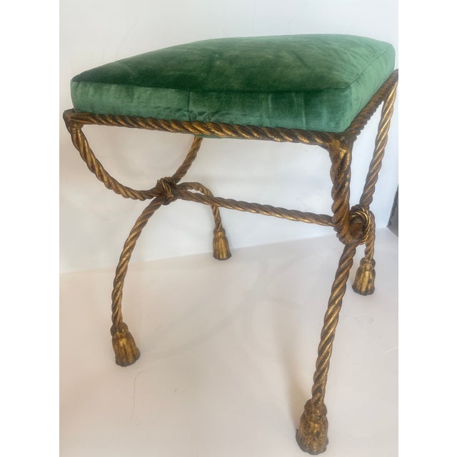 1950s Italian Hollywood Regency Rope & Tassel Gilt Metal Stool For Sale In West Palm - Image 6 of 17