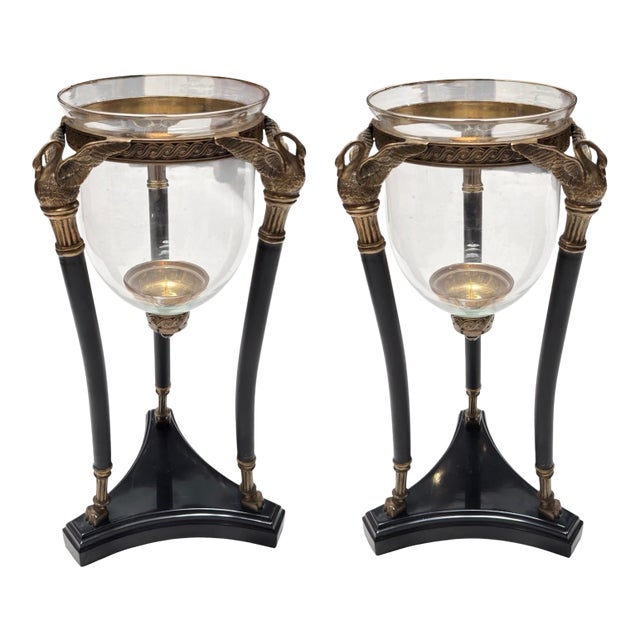 Pair of French Empire Style Bronze Swan & Glass Hurricane Lamp Candle Holders For Sale