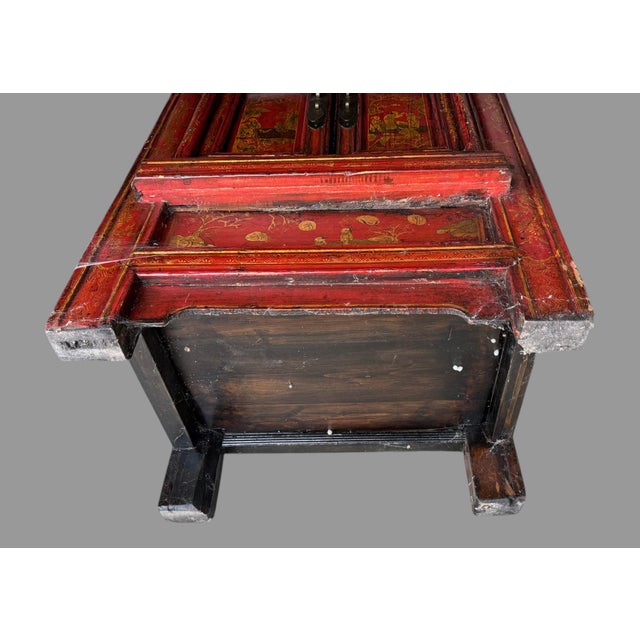Red Antique Oriental Paint Decorated Double Door Cabinet For Sale - Image 8 of 9