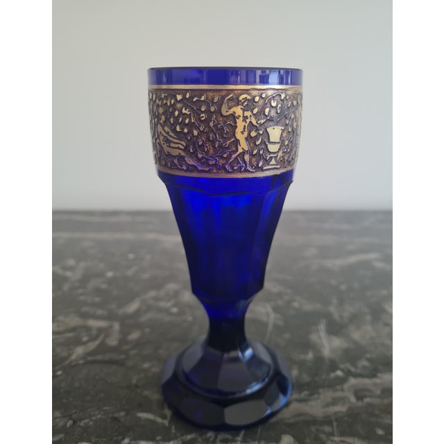 Glass Cobalt Saphir Glass Pieces with Acid-Etched Gilt Classical Frieze by Karlsbad Karlovy Vary and Ludwig Moser & Sons, Czechoslovakia, 1920s, Set of 2 For Sale - Image 7 of 10