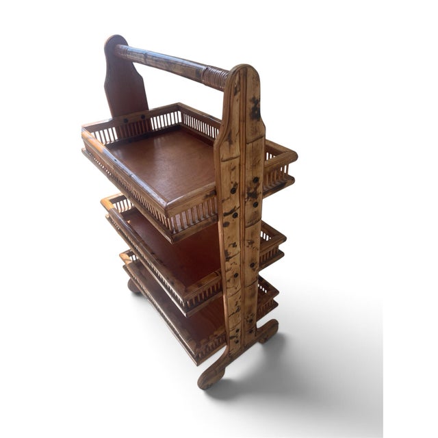 Traditional Mid Century Burnt Bamboo 3 Tier Butler Caddy For Sale - Image 3 of 3