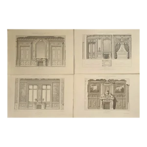 C1860s Set of 4 -Antique French Architecture Interior Lithographs Featuring Fireplaces by C Daly