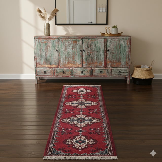 Asian Long Rectangular Red Geometric Medallion Graphic Wool Rug Carpet Runner For Sale - Image 3 of 13