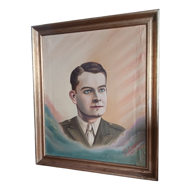 Vintage Italian WWII Soldier Portrait Oil Painting on Canvas, encased in a Giltwood Frame Signed and Dated by the Artist...