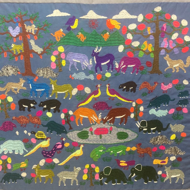 Mid-Century Modern Vintage 1980s Framed Hmong Paj Ntaub Wildlife Story Cloth – Hand-Embroidered Textile Art For Sale - Image 3 of 12