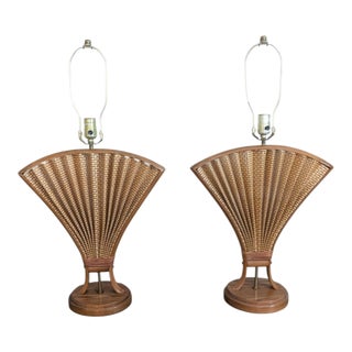 Vintage Woolums Wicker Rattan Fan Table Lamps, Pair of 2, Florida Made For Sale