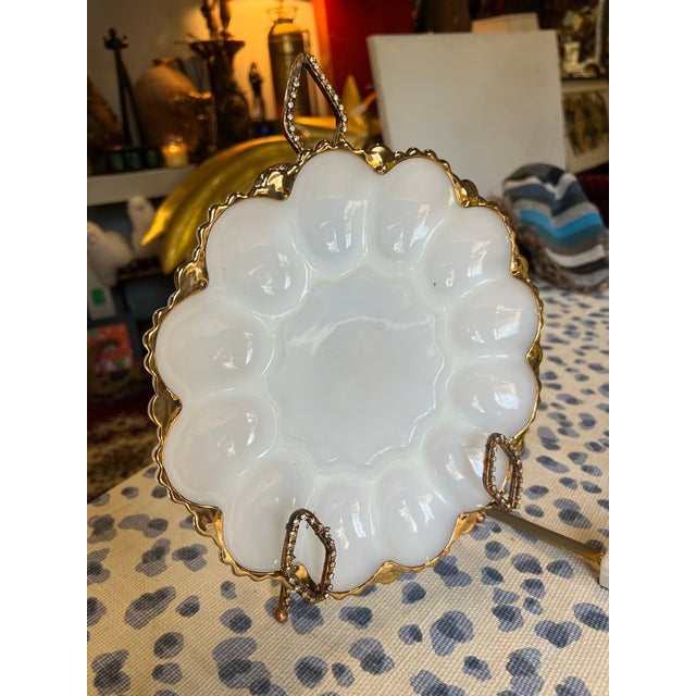 1970s Milk Glass Gold Rimmed Deviled Egg Platter For Sale - Image 4 of 10