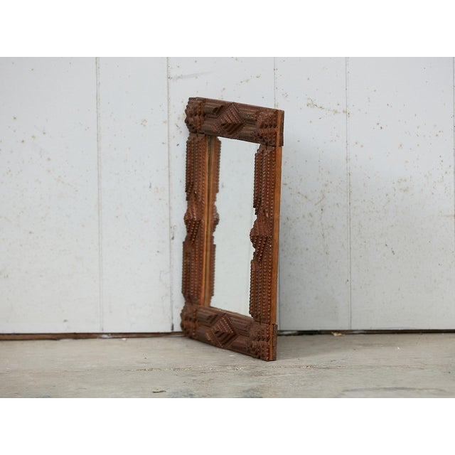 Brown French 1900s Hand Carved Tramp Art Mirror with Raised Diamond Motifs For Sale - Image 8 of 9