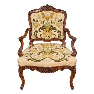 18th Century Louis XV Cabriolet Armchair in Carved Walnut with Petit Point Tapestry For Sale