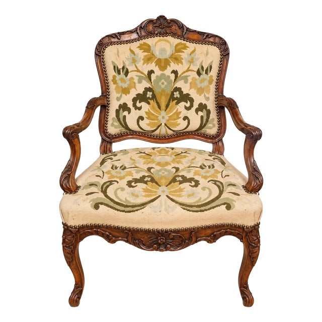 18th Century Louis XV Cabriolet Armchair in Carved Walnut with Petit Point Tapestry For Sale