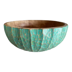 Solid Mango Wood Bowl With Hand-Painted & Hand-Carved Detailing, Modern Organic