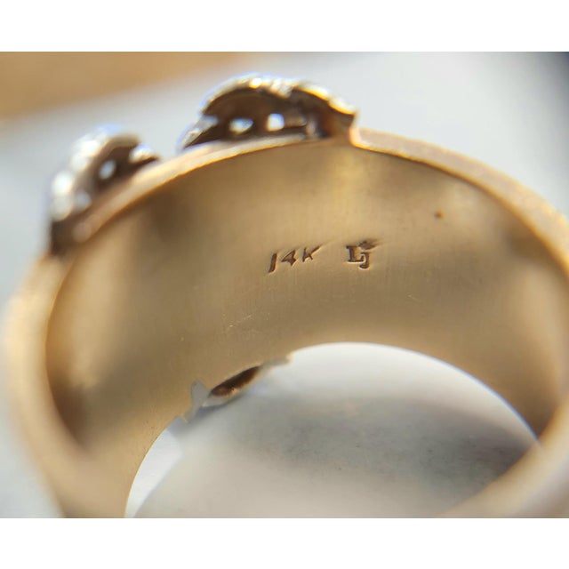 Metal Vintage Midcentury Jade and Diamond Butterfly Wide Band Ring 14k Gold, Size 6.25 For Sale - Image 7 of 7