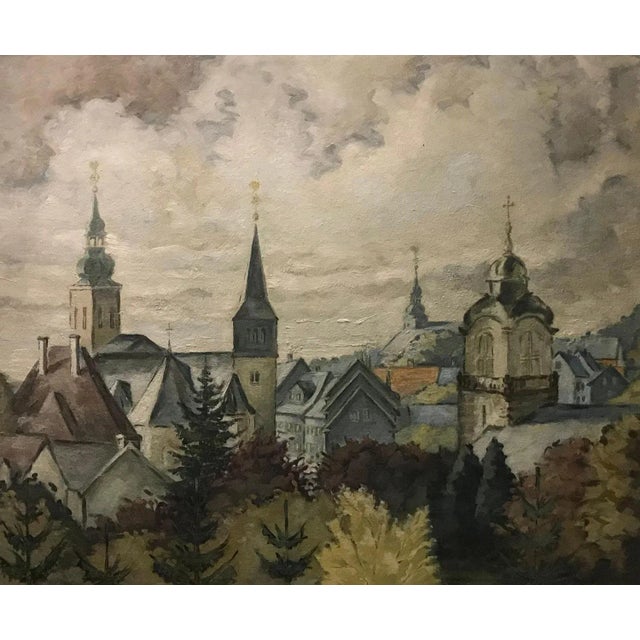 Landscape of a Village with a View of Steeples, Oil on Canvas, 1954 For Sale - Image 9 of 9