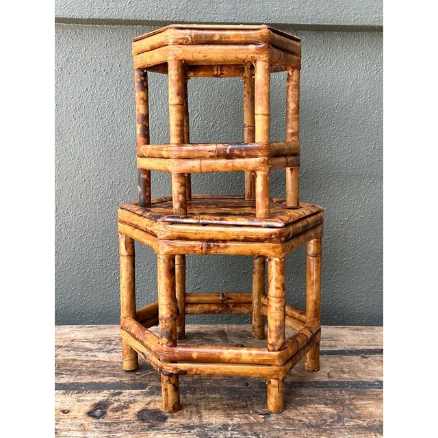 Vintage Hexagonal Bamboo Orchid Pedestals - Set of 2 For Sale - Image 9 of 12