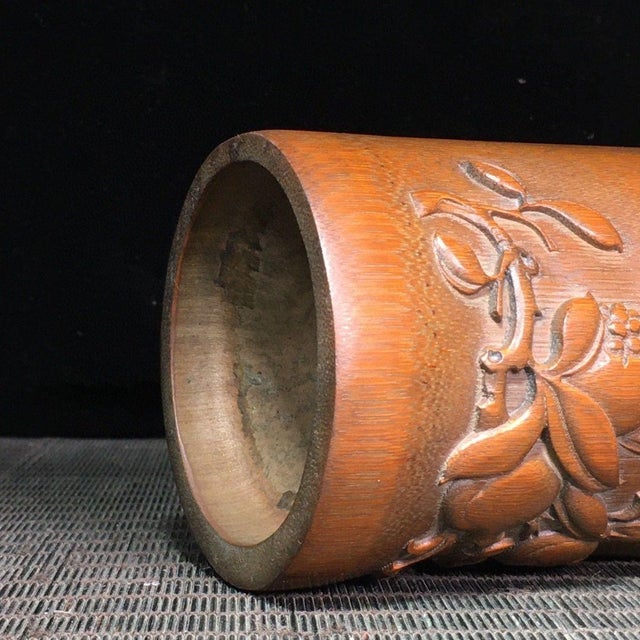 This is a fine vintage Chinese bamboo brush pot (Bitong), a traditional scholar's object used to hold calligraphy brushes....