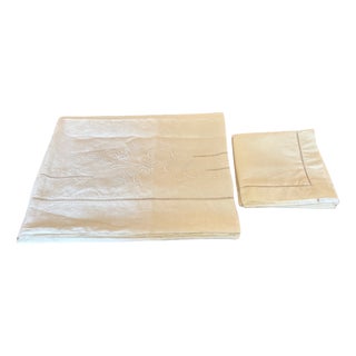 Antique French Embroidered Wedding Trousseau Linen Sheet from Fleur Bleue and Pillowcases from Linvosges, 1940, Set of 3 For Sale
