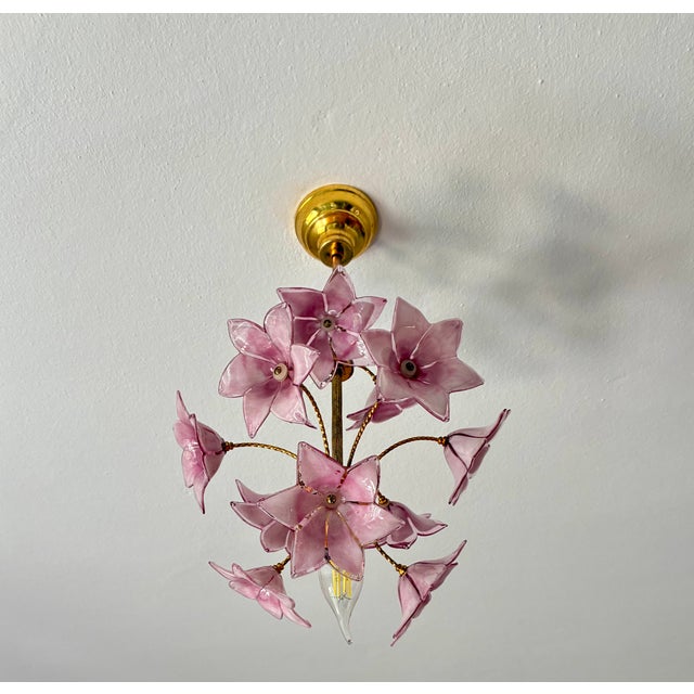 Vintage Italian Murano Style Hand-Painted Pink Floral Pendant Light, Romantic Glass Blossom Chandelier, Dramatic Ceiling Shadow Display For Sale - Image 9 of 17