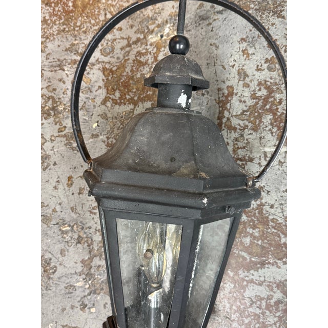 Outdoor Metal + Glass Three Light Lantern, Vintage For Sale - Image 10 of 12