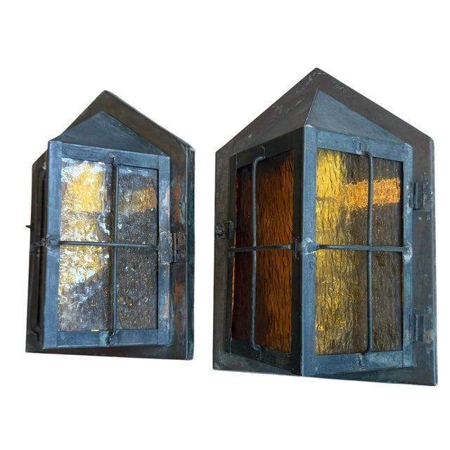 What a great pair of old porch lights! Perfect for any style home. The fabulous original patina adds so much charm....