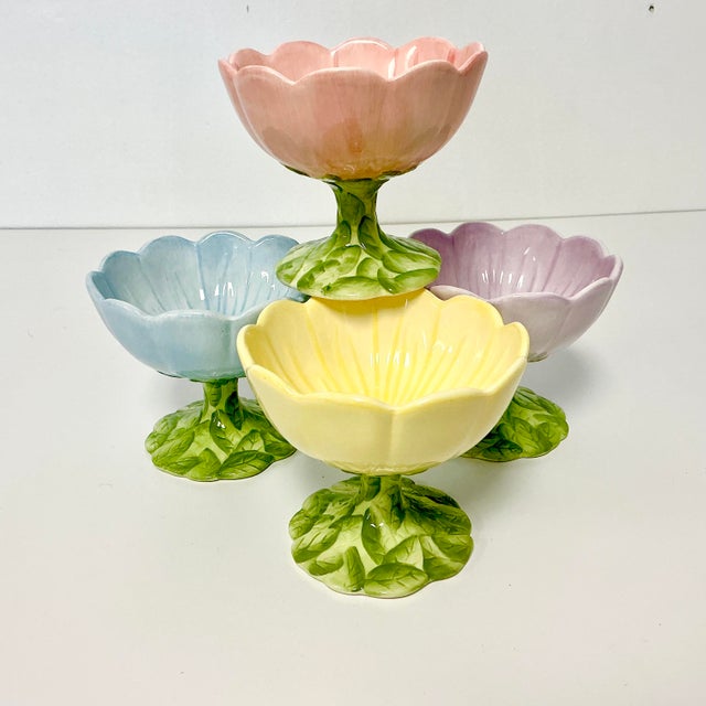 Vintage Boho Chic Trompe L’Oeil Buttercup Pedestal Bowls, MacKenzie-Child’s Style - Set of 4 - Easter For Sale - Image 12 of 14