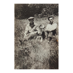 Early 20th Century Snapshot Photograph Working Men and Dog in Field