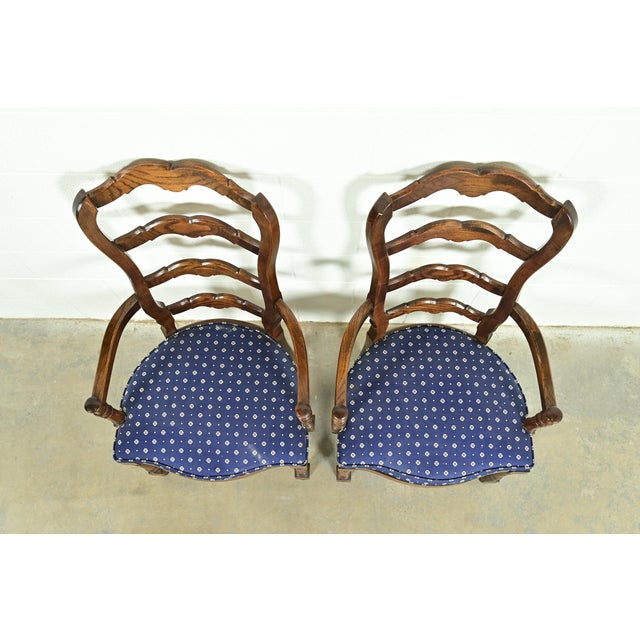 1960s Century Furniture French Country Carved Solid Oak Ladder Back Armchairs, Pair For Sale - Image 5 of 13