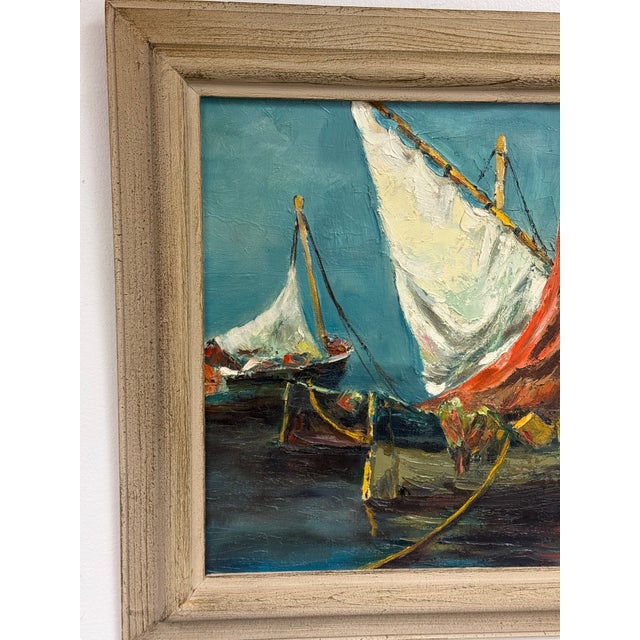 Textile Late 20th Century J. Lamm Boats Seascape Oil Painting, Framed For Sale - Image 7 of 12