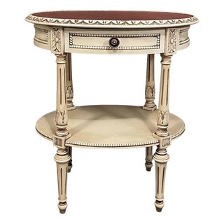 Antique French Louis XVI Painted Oval Side Table With Leather Top For Sale