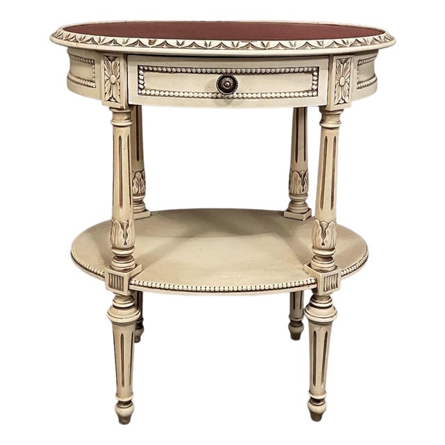 Antique French Louis XVI Painted Oval Side Table With Leather Top For Sale