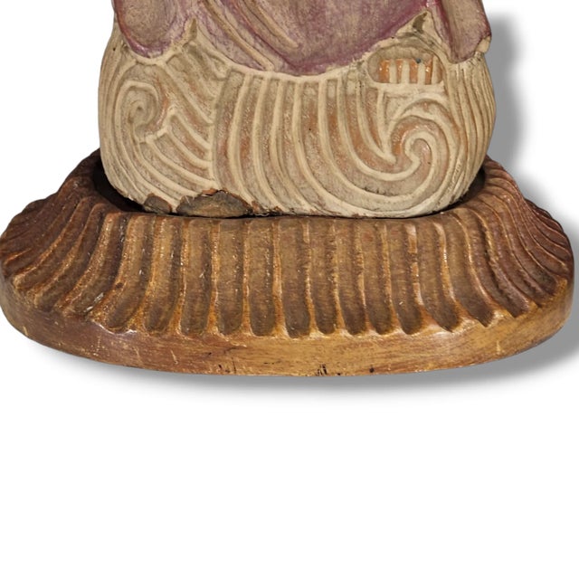 Pair of Mid-Century Chinese Hand-Carved Wooden Guanyin Figures – Painted Polychrome Finish, 23″ For Sale - Image 11 of 13