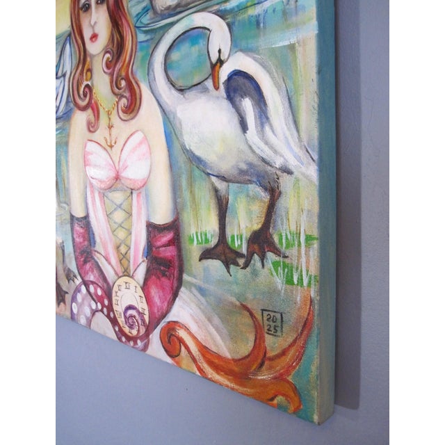 Figurative Swan Lake by Zoa Ace | Oil on canvas Woman in a pink dress with swans and animals by a lake. For Sale - Image 3 of 5
