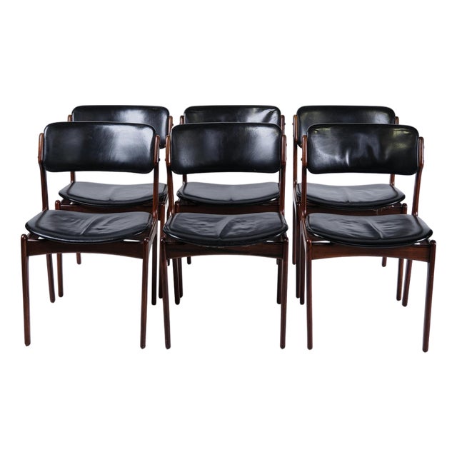 Vintage OD 49 Dining Chairs in Rosewood and Black Leather by Erik Buch, 1950s, Set of 6 For Sale