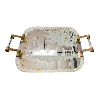 Vintage Etched Glass Vanity & Serving Tray With Twisted Glass Handles For Sale
