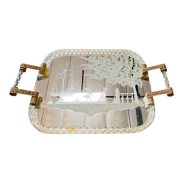 Vintage Etched Glass Vanity & Serving Tray With Twisted Glass Handles For Sale