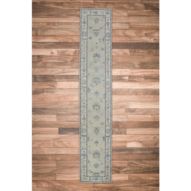 Textile Early 21st Century Green & Blue Floral Design Handwoven Wool Turkish Oushak Runner 2'11" X 15'9" For Sale - Image 7 of 8