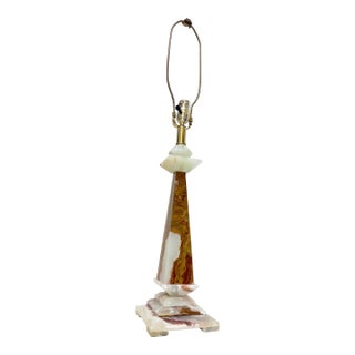 1990s Abstract Large Solid Heavy Brown White Green Onyx Stone Electric Table Lamp Light For Sale