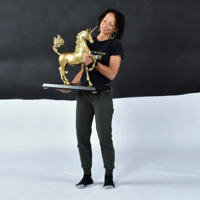 1970s Large Brass Unicorn Sculpture Figurine on Black Wood Base Nearly 22 Inch For Sale - Image 5 of 10